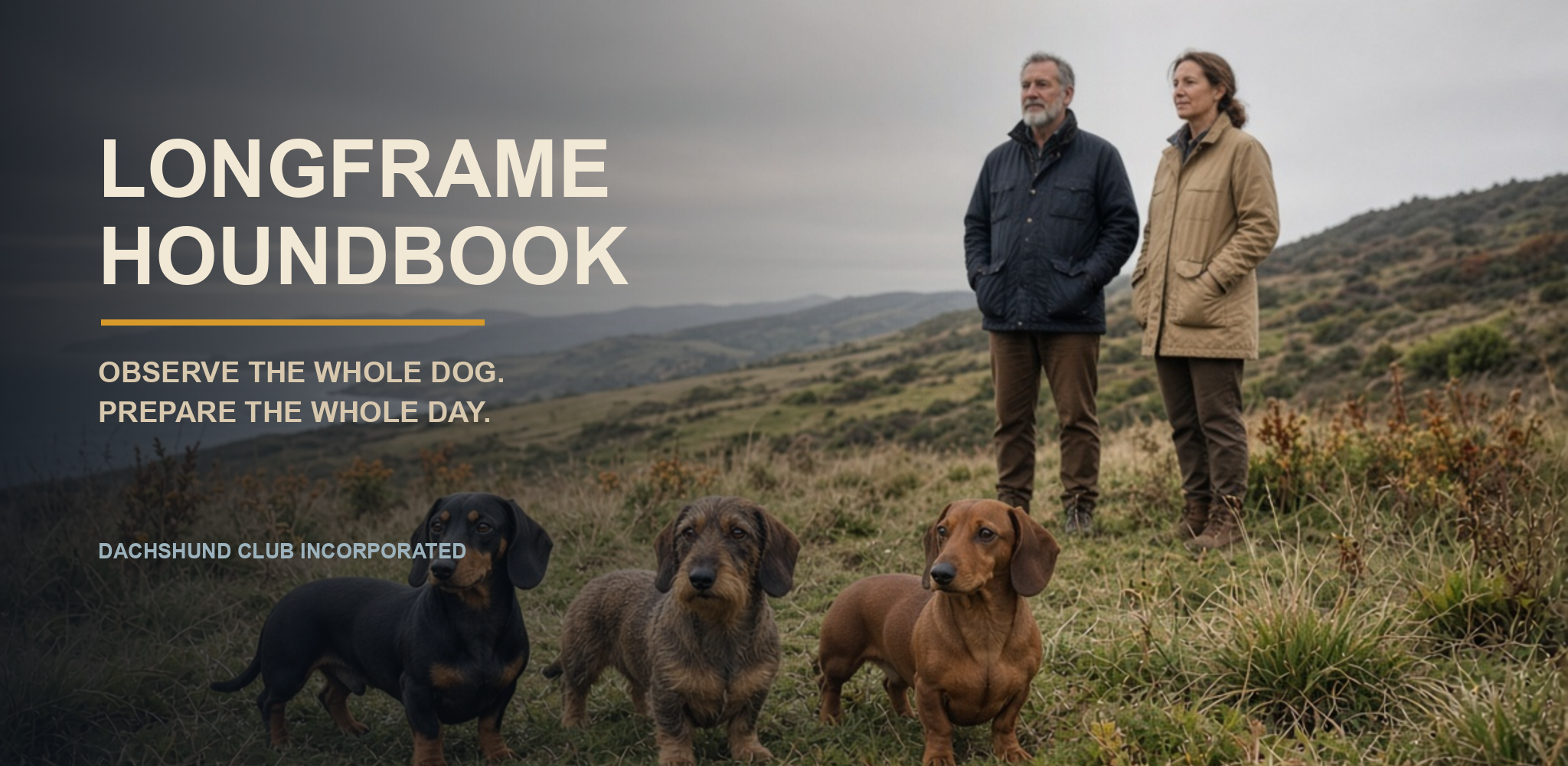 Longframe Houndbook feature artwork with dachshunds in a fictional outdoor setting