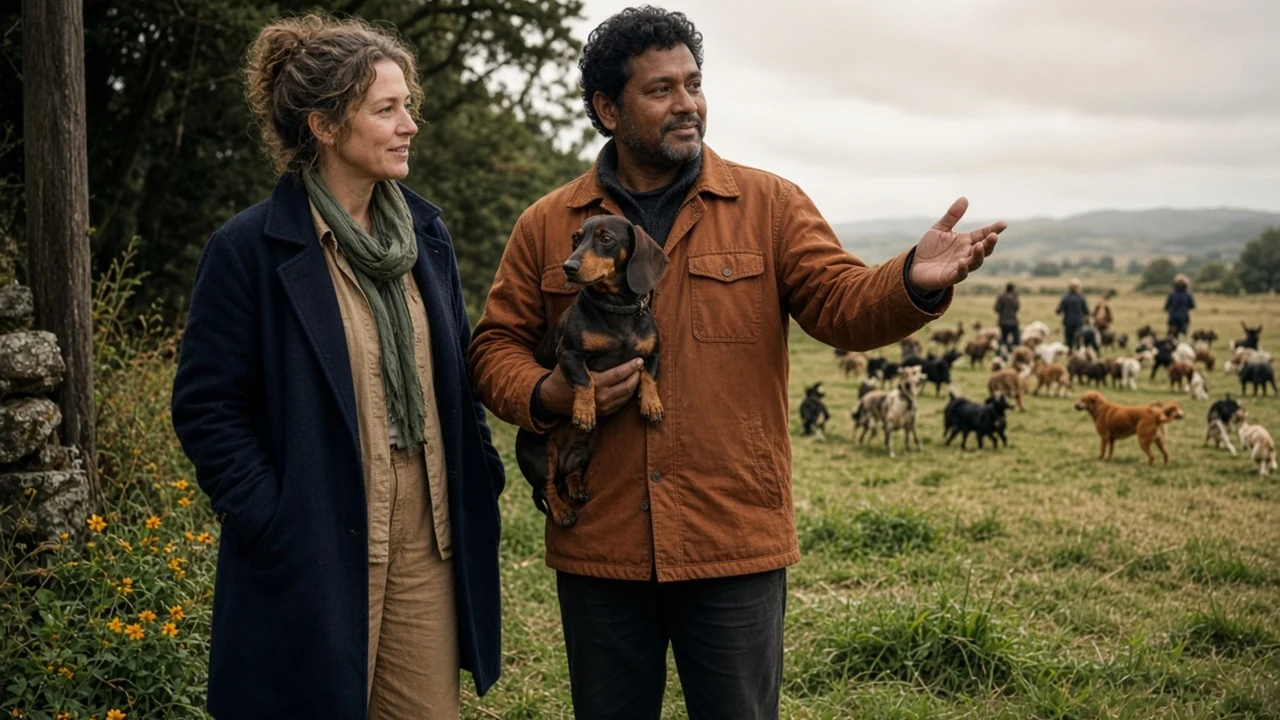 Editorial dachshund fieldbook scene for Eight arrival moments, opened one at a time
