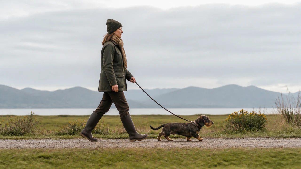 Editorial dachshund fieldbook scene for A human-paced strip, not a gait score
