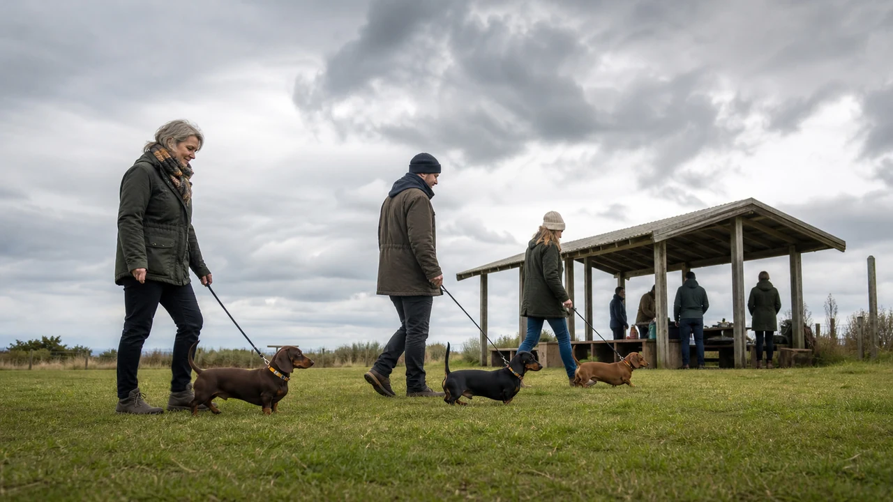 Editorial dachshund fieldbook scene for A pause boundary with a human on the other side