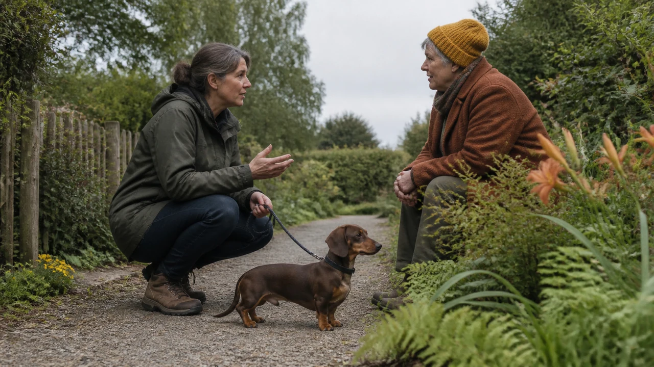 Responsible adult seeking appropriate guidance beside a dachshund